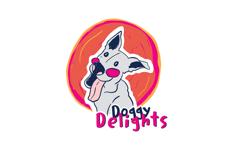 Doggy Delights &mdash; a happy dog with its tongue out, in front of a big orange biscuit